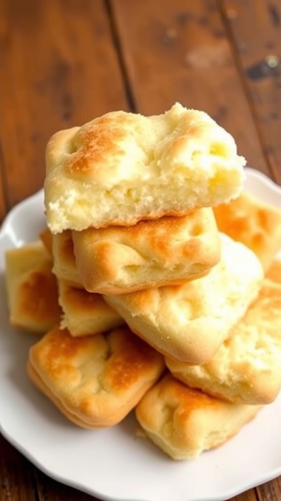 Dairy-Free Cloud Bread Recipe Fluffy cloud bread pieces on a white plate, golden brown and soft, on a rustic wooden table.